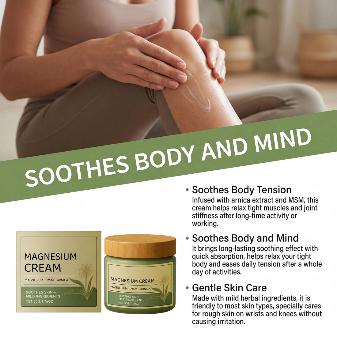 Soothing Magnesium Cream Total Relief Muscle Pains Soothe Nerves Fast-Absorb Non-Greasy Daily Body Care Cream With Msm & Arnica