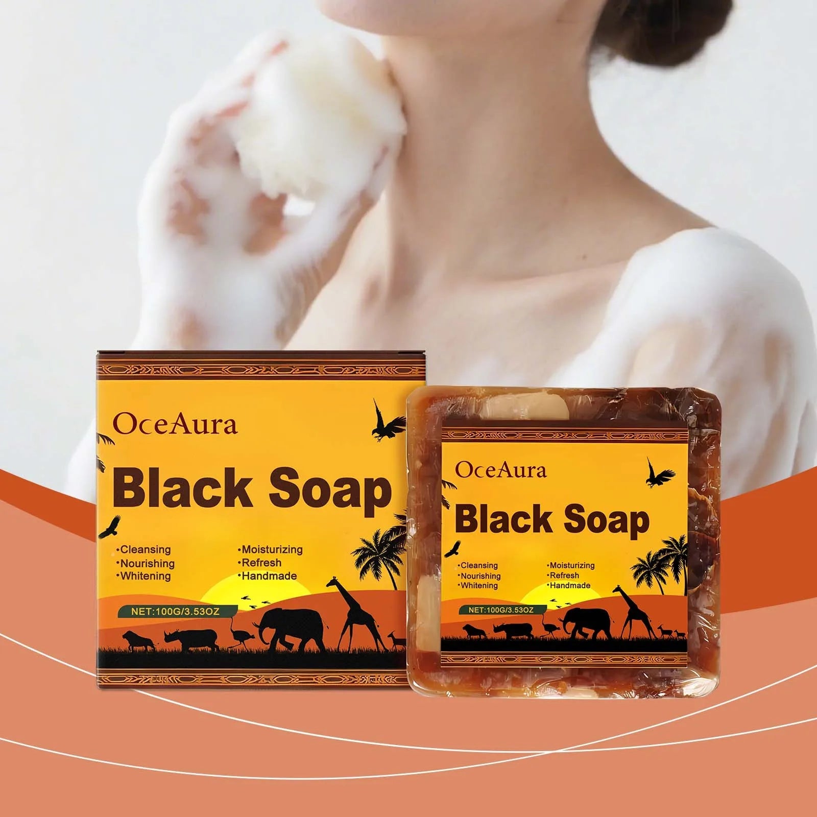 OceAura Lightening Black Soap Oil Control Pore Shrinking Moisturizing Skin Handmade Organic Cocoa Butter Body Cleaning Soap Bar Halalzen