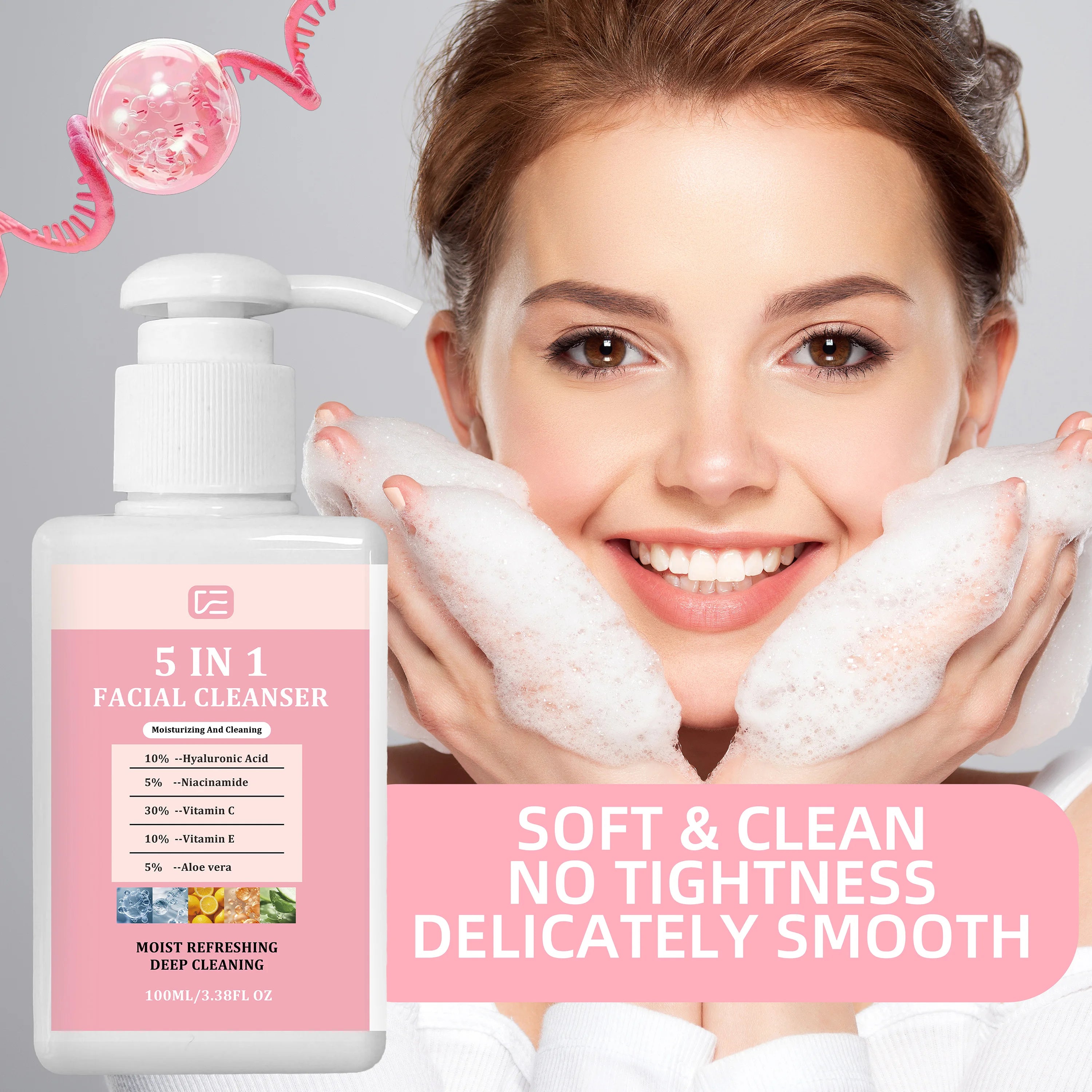 5-IN-1 Facial Cleanser 100ML/3.38FL OZ Gentle Non-Drying Hydrating Wash Normal/Oily/Combination Skin Face Lip Eye Makeup Remover