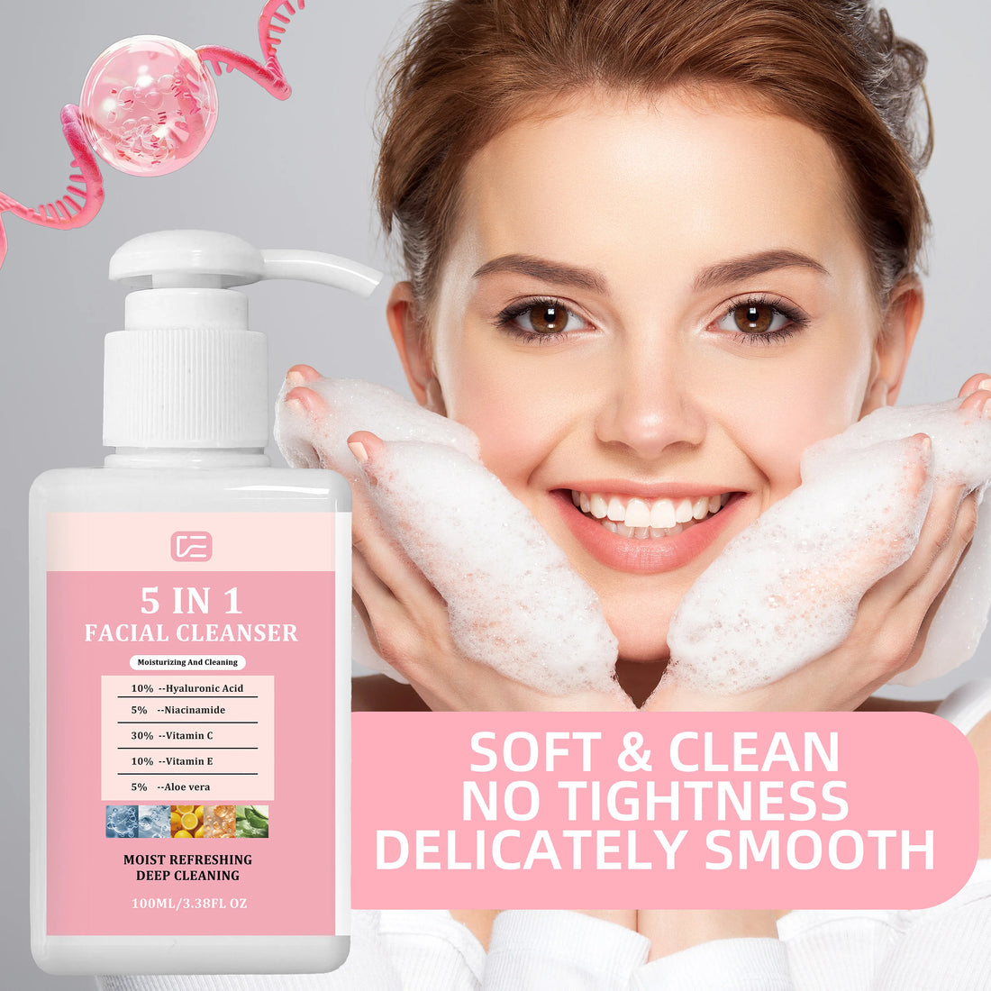 5-IN-1 Facial Cleanser 100ML/3.38FL OZ Gentle Non-Drying Hydrating Wash Normal/Oily/Combination Skin Face Lip Eye Makeup Remover