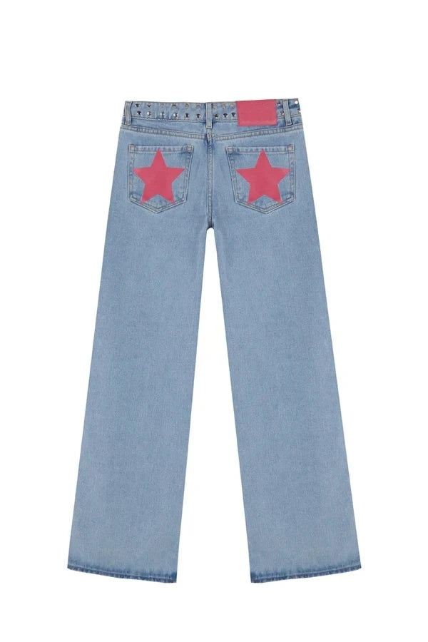 Y2K Blue Vintage Five-Pointed Star High Waited Jeans ONE DILEMMA Fashion Baggy Jeans Women Clothing Casual Straight Denim Pants