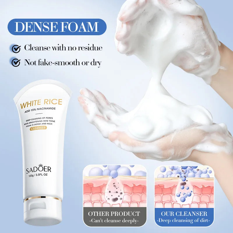 SADOER White Rice Nicotinamide Whitening Facial Cleanser Moisturizing Anti-Aing Anti Wrinkles Face Wash Foam Cleanser Skin Care Halalzen