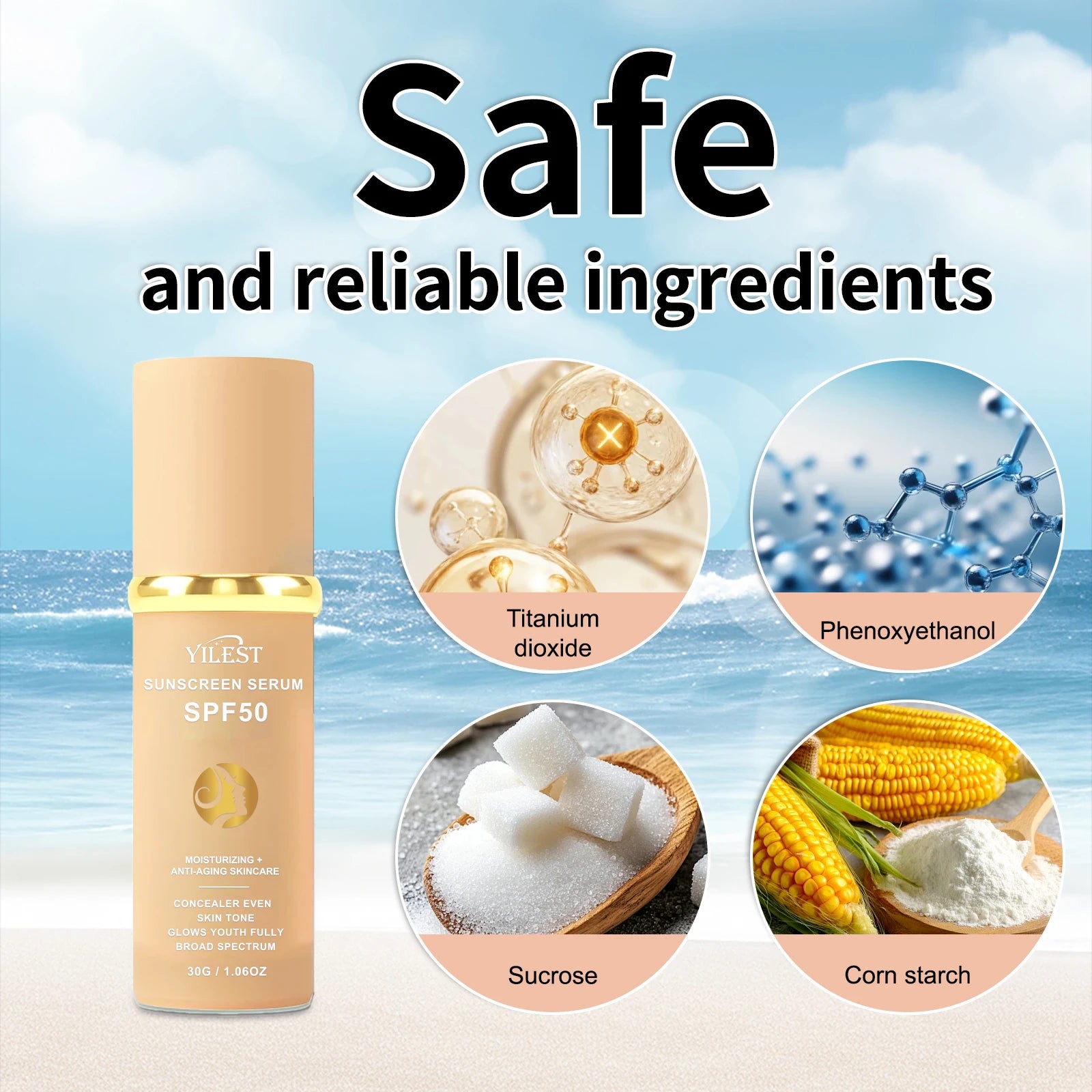30g YILEST SPF50 Sunscreen Serum, 2‑in‑1 Makeup & Moisturizer, Light Tinted Foundation for Daily Outdoor Use