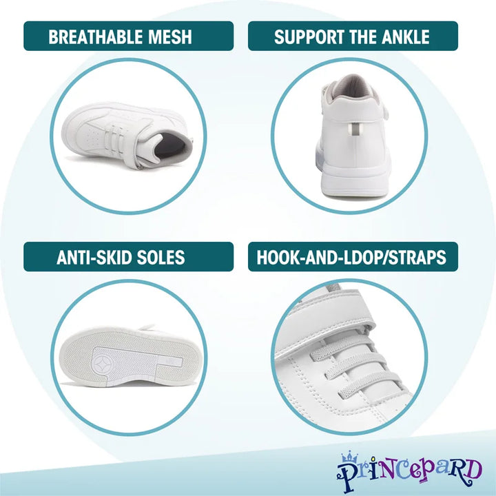 Princepard Orthopedic Kid Sneakers White Color Back to School Children's Casual Shoes for Girls Boys with High Top Arch Support