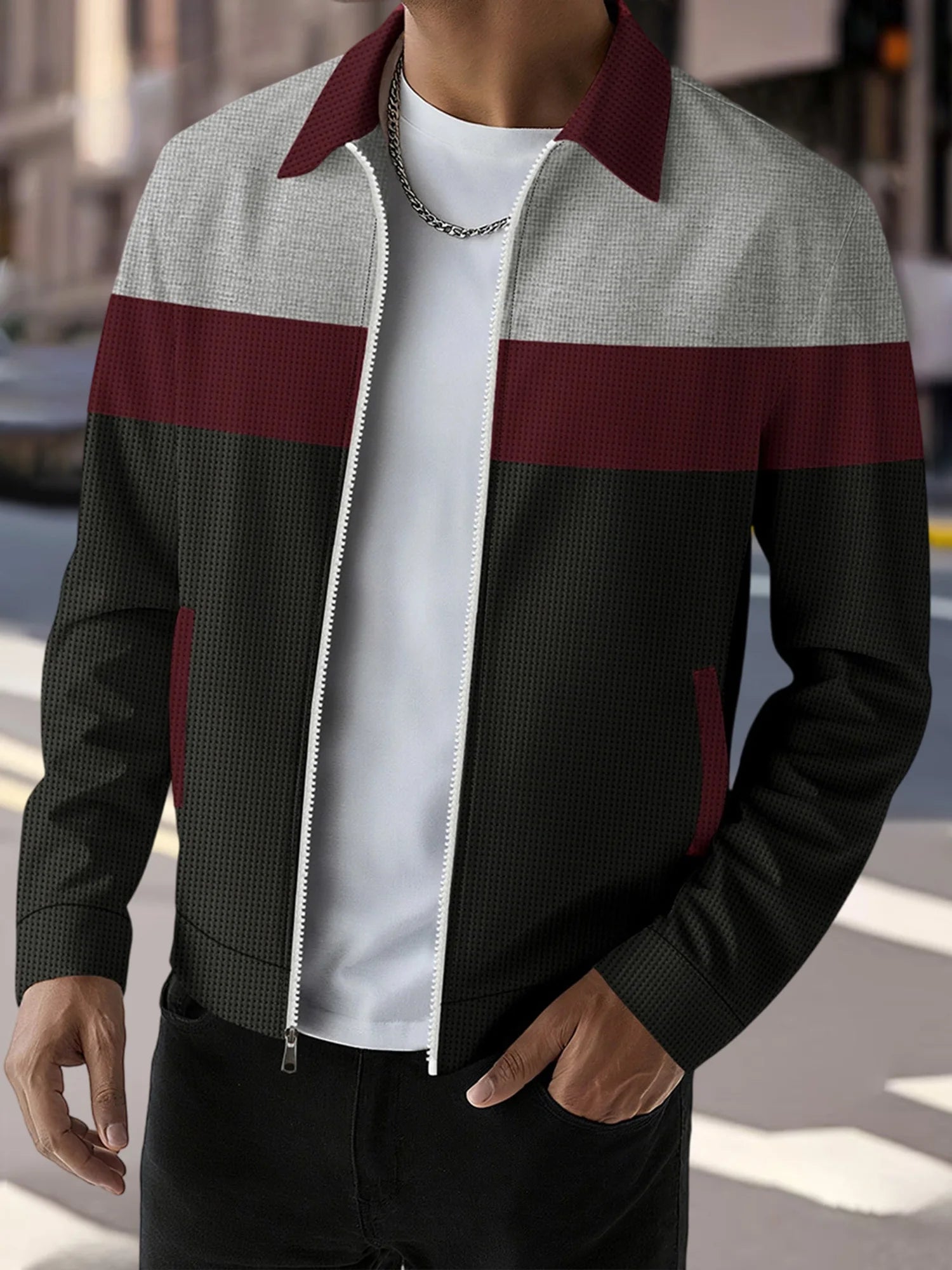 Men s Casual Lapel Collar Zip Up Jacket with Patchwork Design Pockets and Stylish Outerwear for Fall Fashion