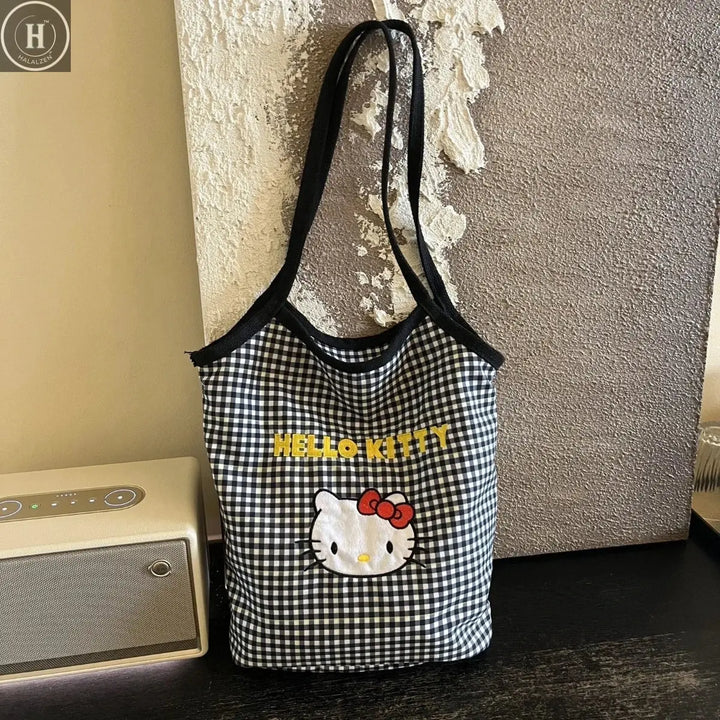 Kawaii Plaid Hello Kitty Women's Shoulder Bag Embroidered shoulder handbag Canvas bag Commuter Versatile Shoulder Handbag HALALZEN
