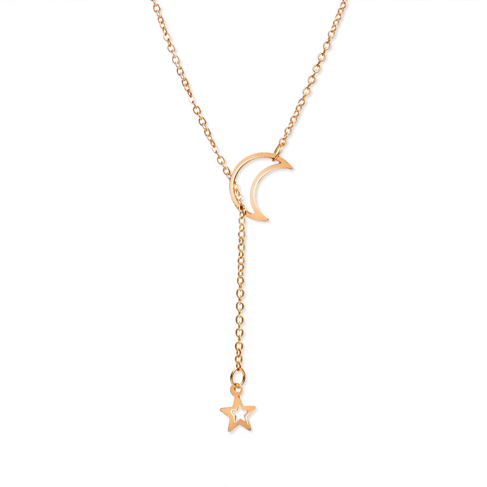Simple Moon & Star Pendant Choker – Gold Alloy Chain Necklace