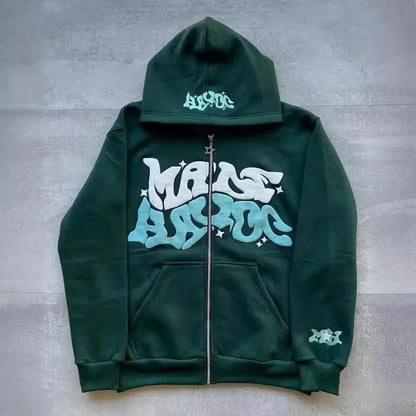 American retro star and letter printed zipper hoodie for men and women Y2K Spring and Autumn cardigan jacket