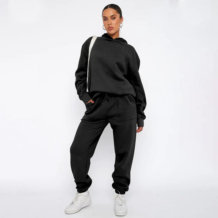 Casual Hooded Sweatshirt Long-sleeved Women's Set Autumn Winter Fashion Pocket Elastic Waist Tie Loose Sport Trousers 2piece Set