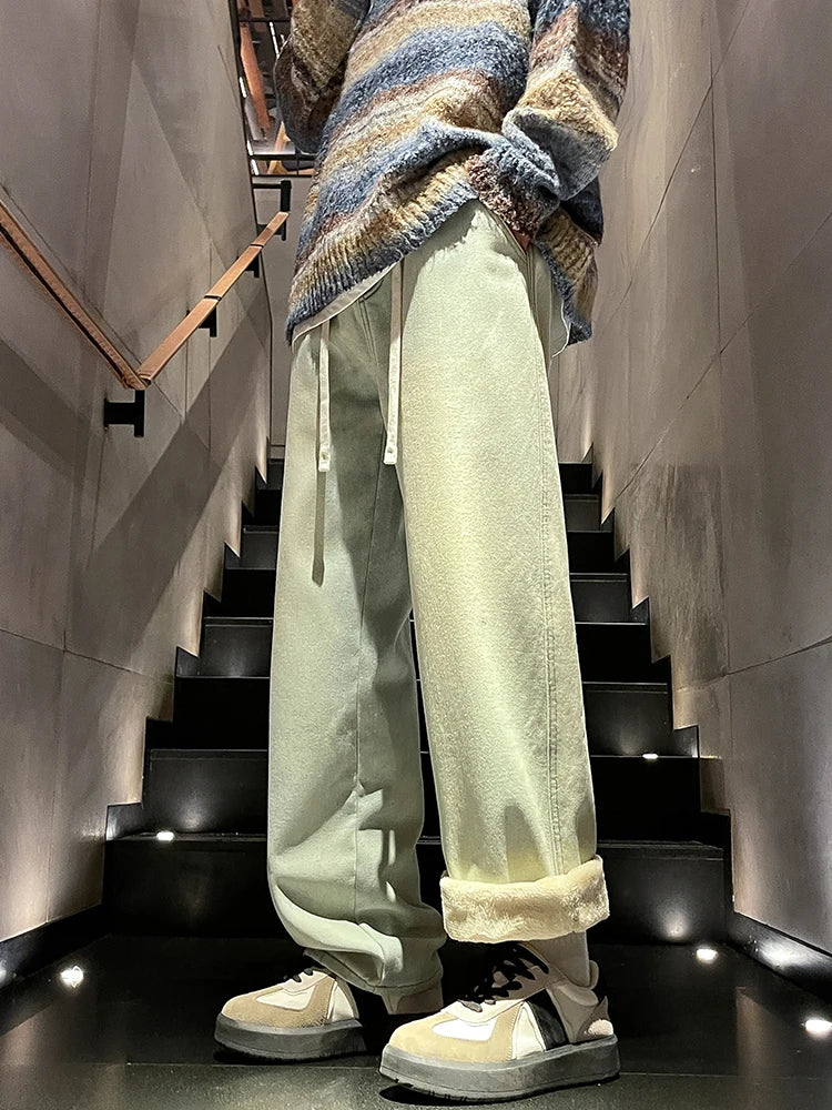 Winter Men's Jeans Korean Fashion Fleece Liner Thick Warm Straight Denim Pants Washed Cotton Retro Blue Wide Leg Jean Trousers HALALZEN