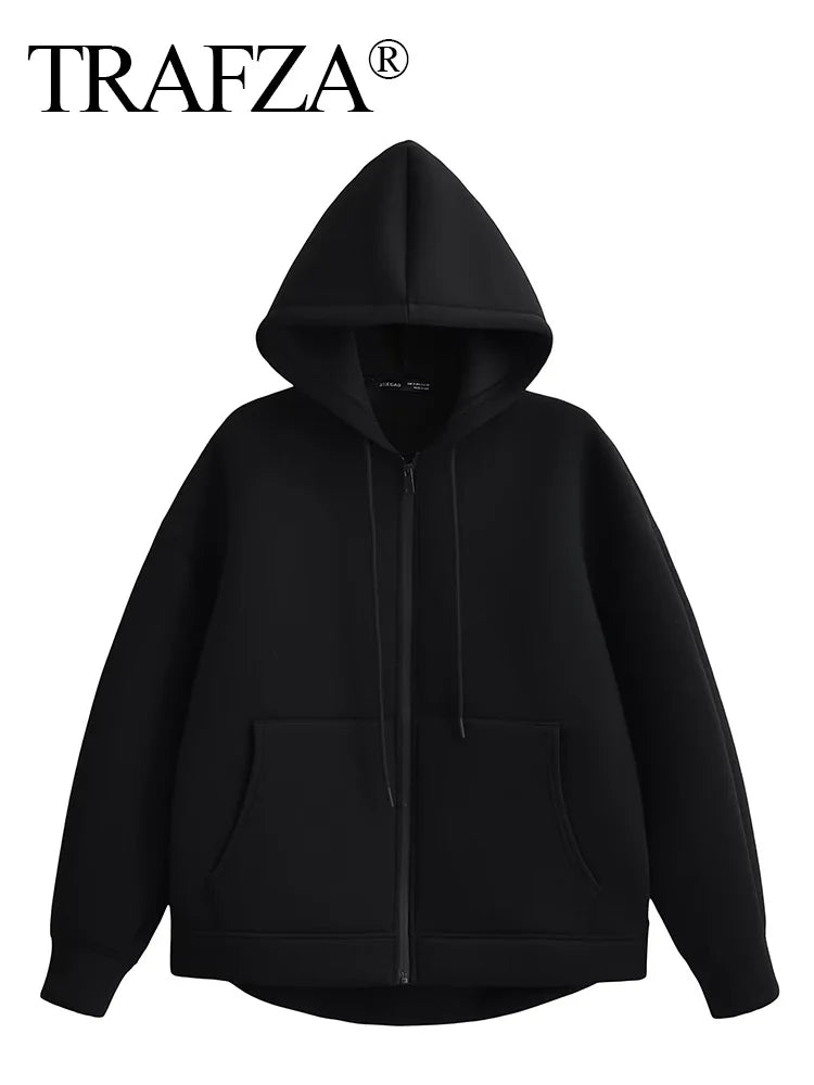 TRAFZA 2025 Casual Women's Soild Zipper Hoodie Long Sleeve Big Pocket Zipper Jacket With Hood Female Loose Outerwear Coat Tops