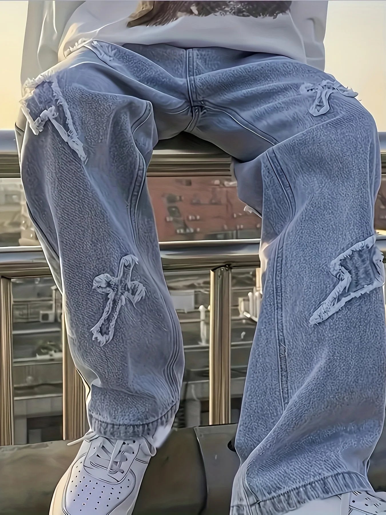 Men's jeans patch lightning jeans men's loose jeans worn-out jeans