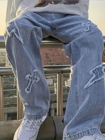 Men's jeans patch lightning jeans men's loose jeans worn-out jeans