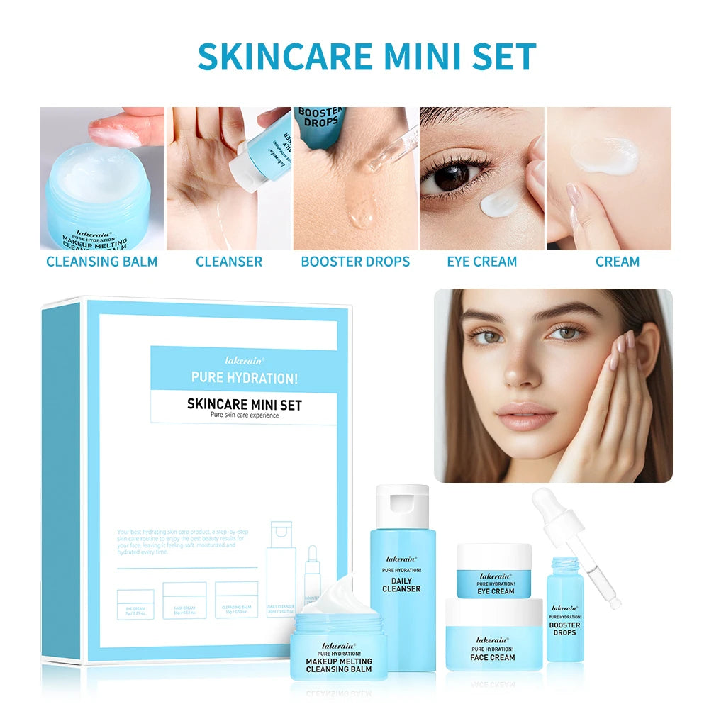 5Pcs/Set Travel‑Size Mini Skincare Kit Cleanser Makeup Remover Moisturizer Eye Cream Hydrating Gift For Women Girls