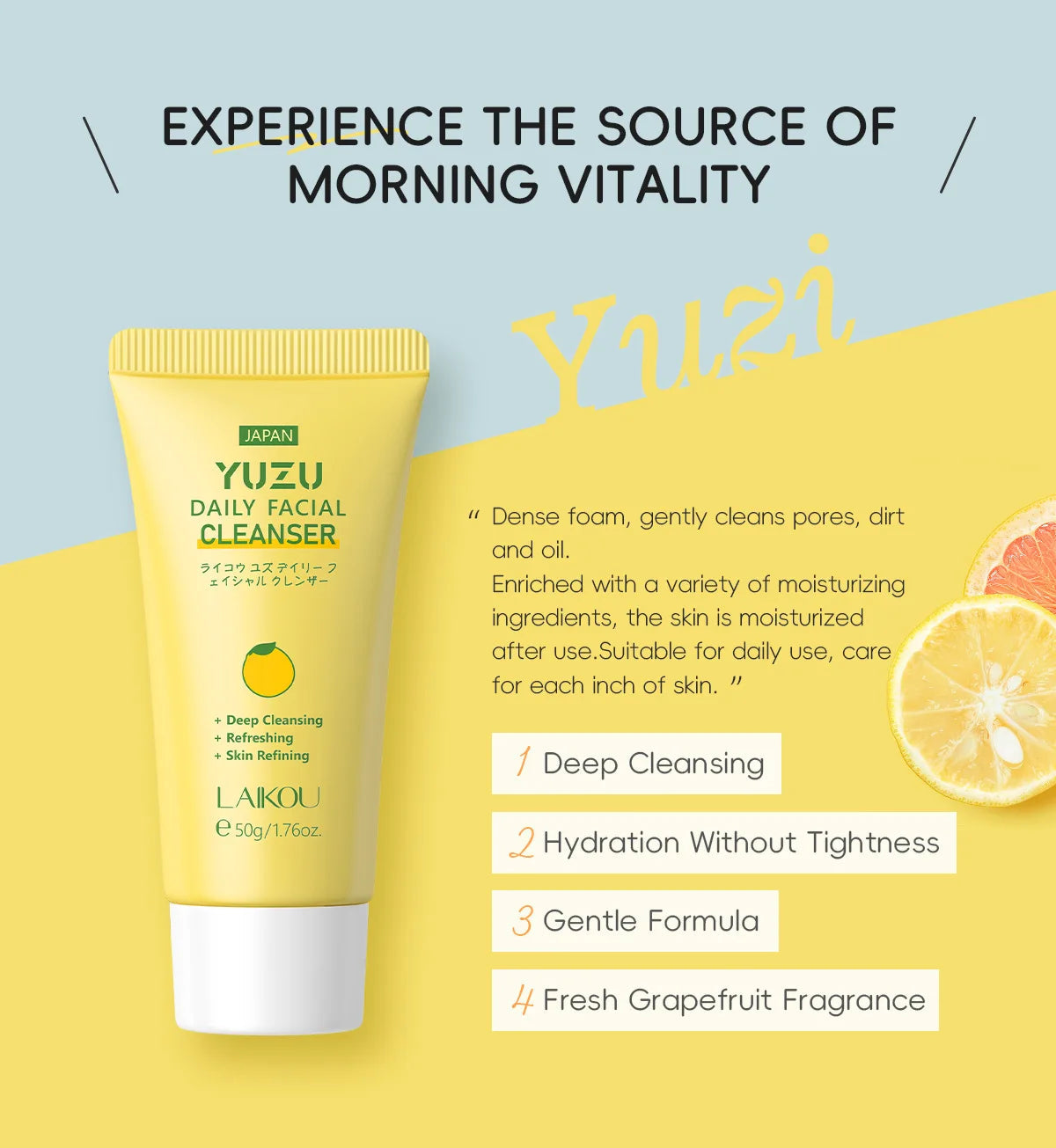 LAIKOU Grapefruit/YUZU Face Cleanser 50g Gentle Deep Cleansing Face Wash Rich Foam Facial Foam Oil Control Moisturizing Cleanser Halalzen