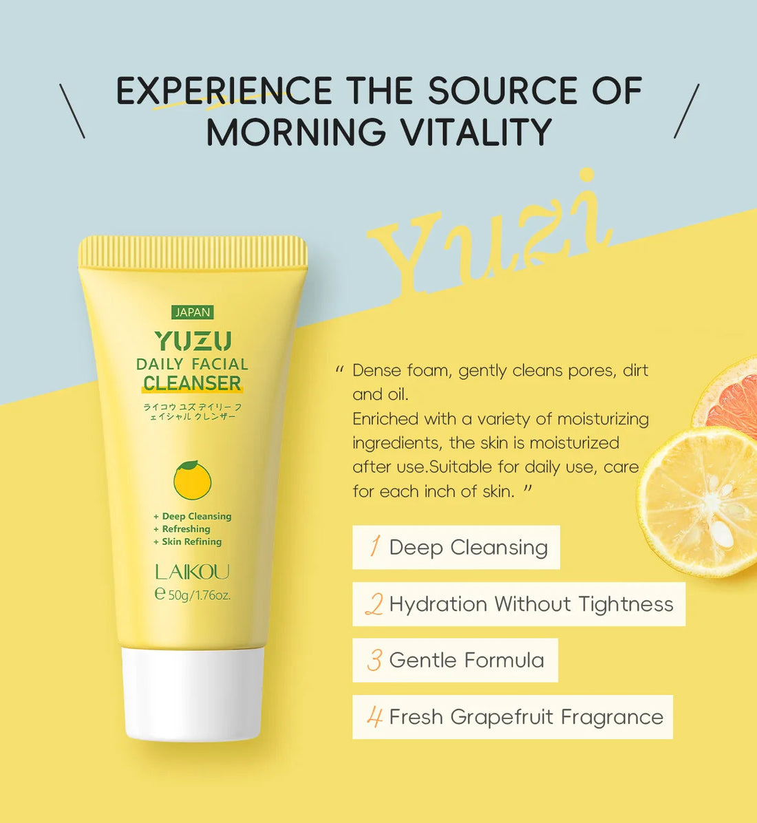 LAIKOU Grapefruit/YUZU Face Cleanser 50g Gentle Deep Cleansing Face Wash Rich Foam Facial Foam Oil Control Moisturizing Cleanser Halalzen