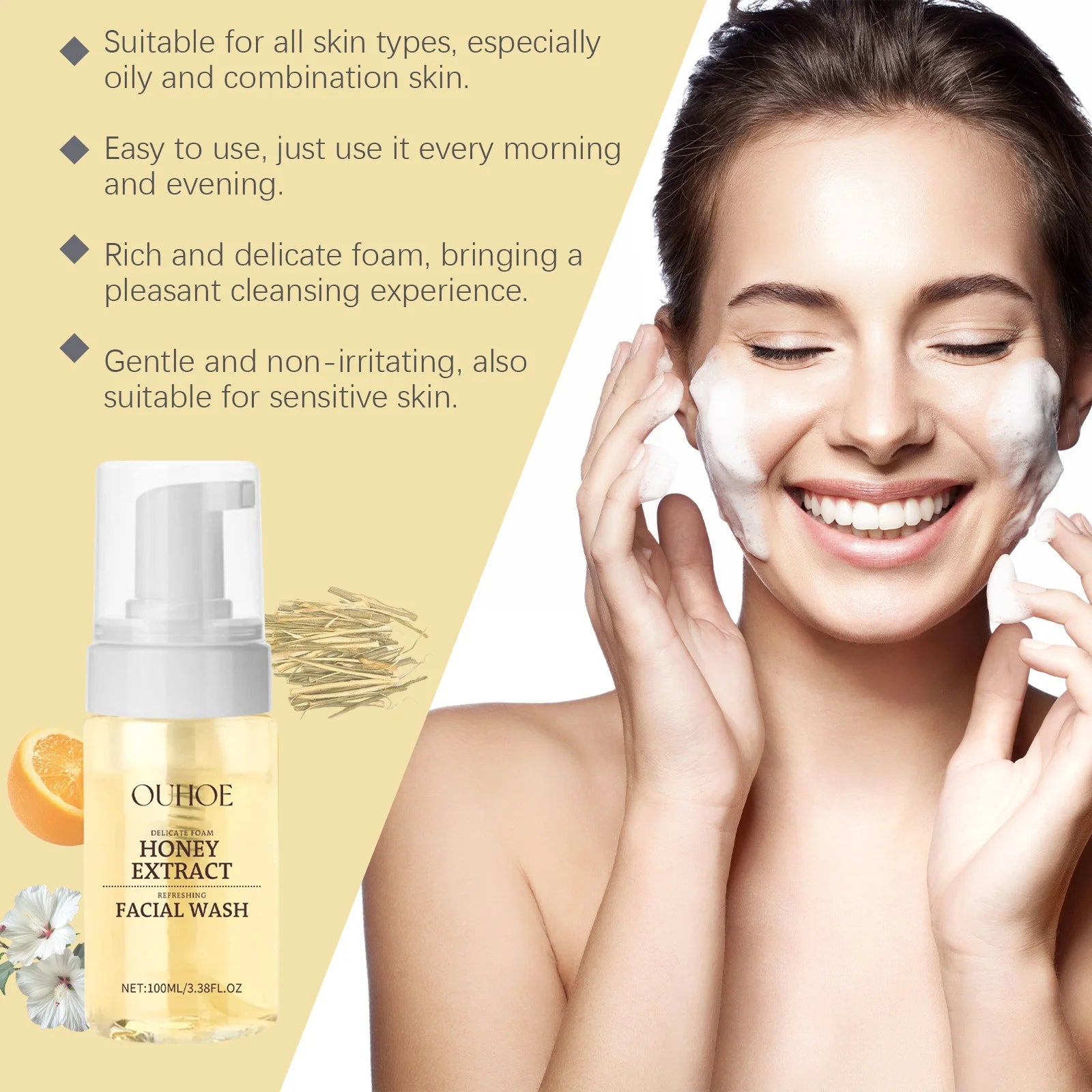 Honey Facial  Foaming Cleanser Gentle Oil Control Reduce Acne Blackhead Purify Pore Soothing Relieve Redness Hydrating Face Wash Halalzen