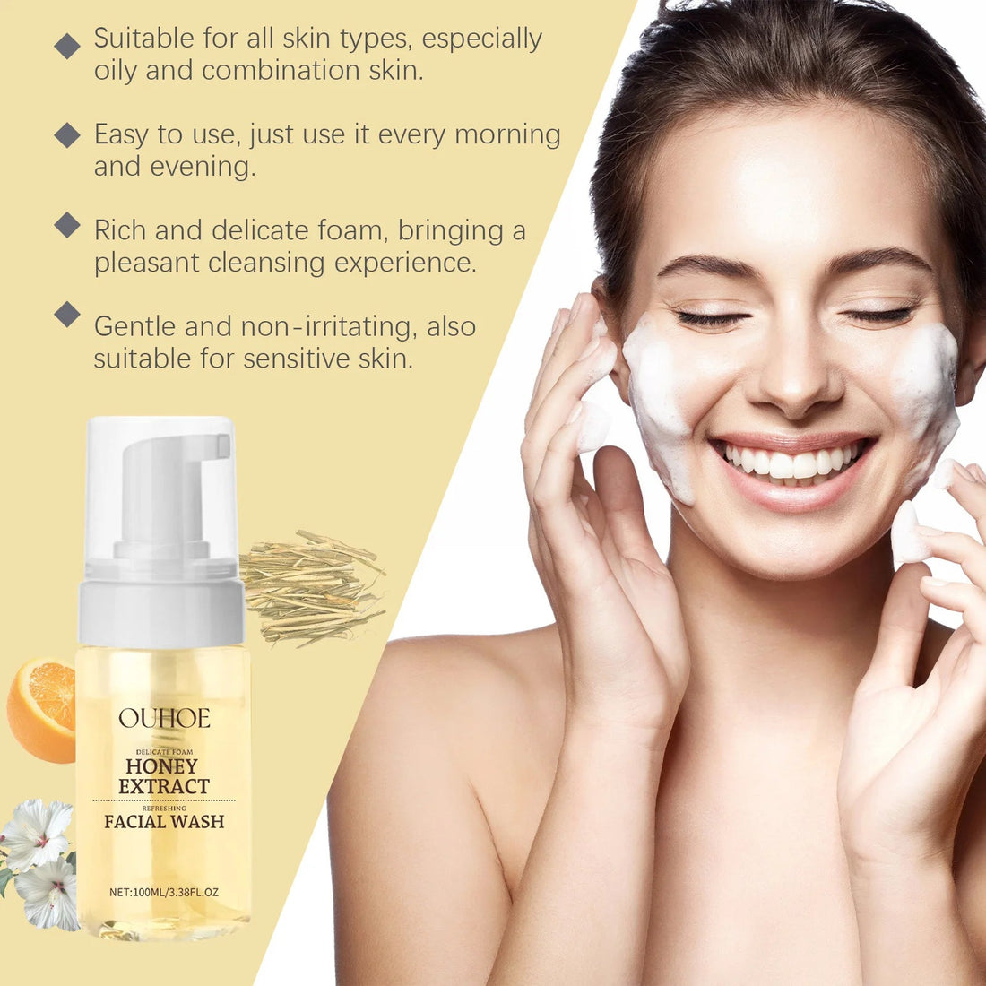 Honey Facial  Foaming Cleanser Gentle Oil Control Reduce Acne Blackhead Purify Pore Soothing Relieve Redness Hydrating Face Wash Halalzen