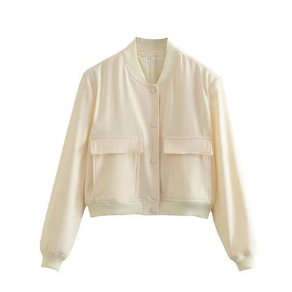 CLAZZAA Women Fashion Solid Bomber Jackets Coat With Pockets V-Neck Single Breasted Long Sleeves Female Chic Lady Outfits