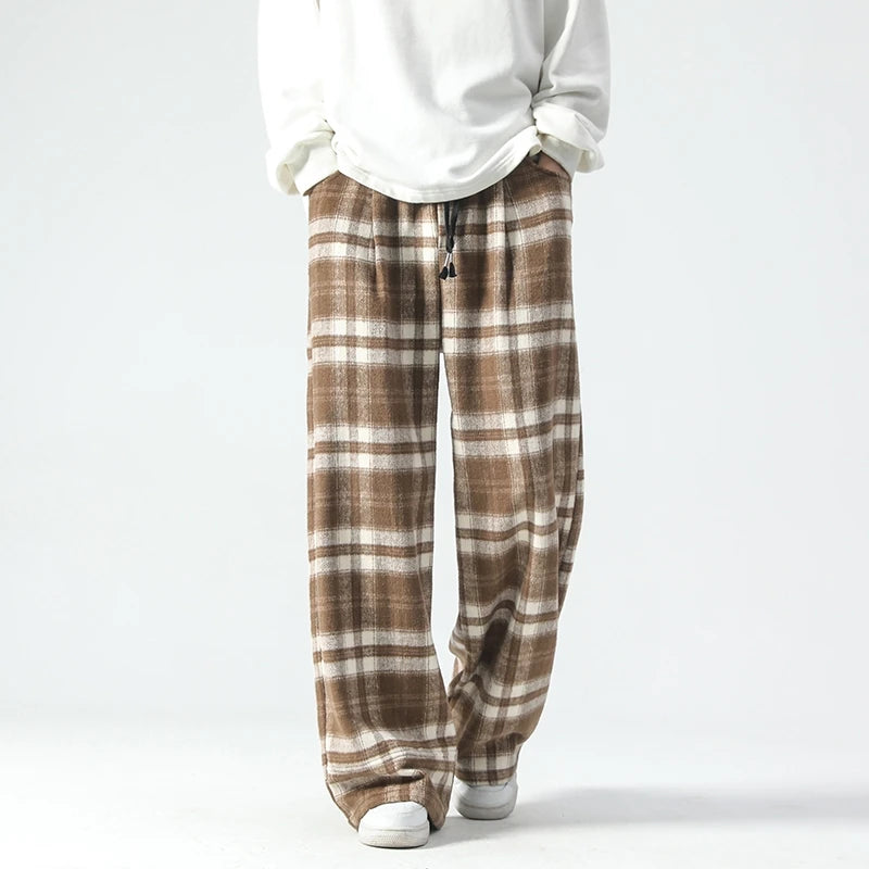 Vintage Plaid Pants Men's Loose Wide Leg Pants Autumn New Lazy Wind Straight-leg Leisure Trousers Male Jogger Sweatpant