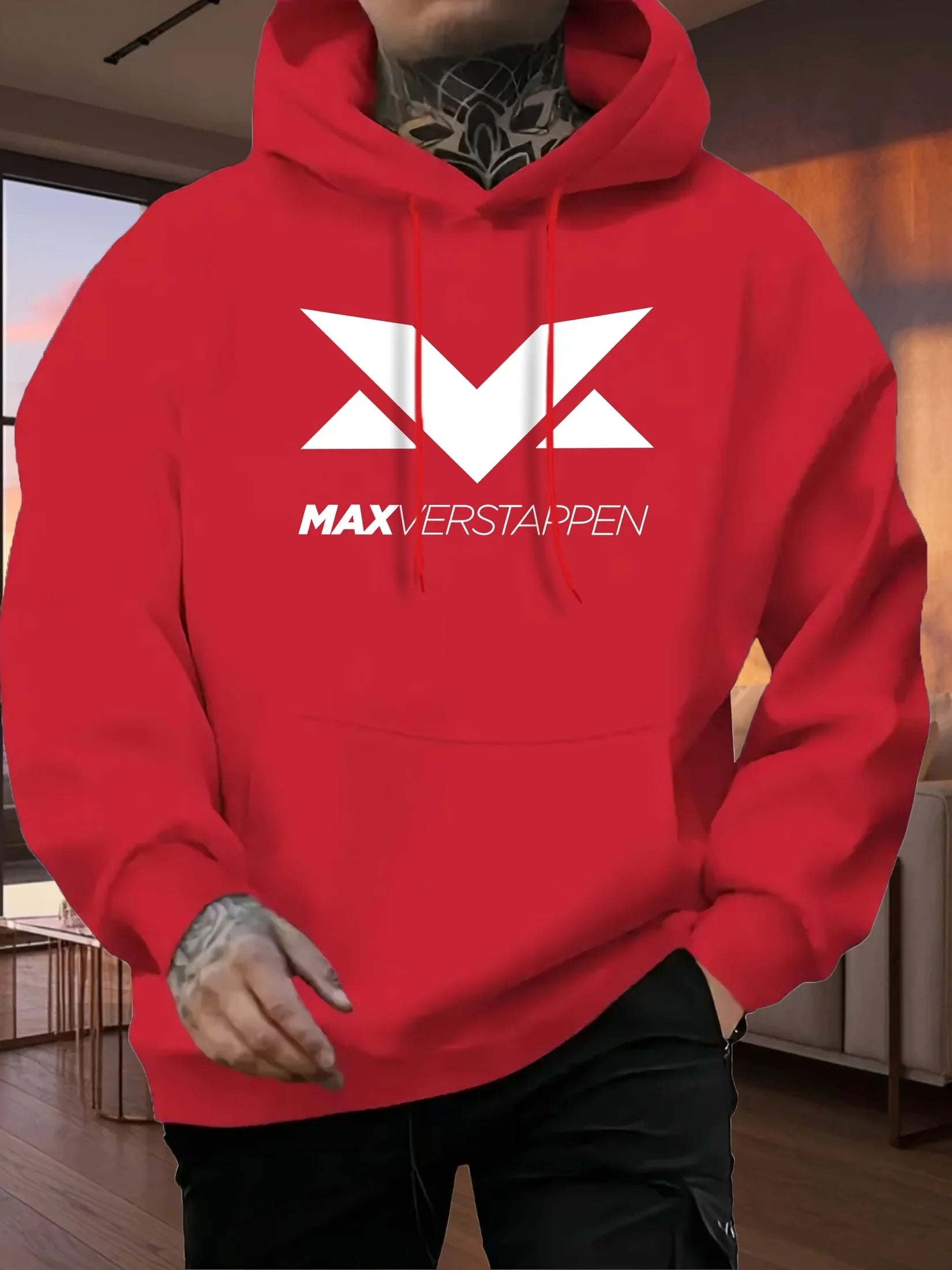 Men'S Red Max Verstappen Racing Graphic Hoodie - Casual Front Print Pullover with White Logo, Long Sleeves, and Kangaroo Pocket