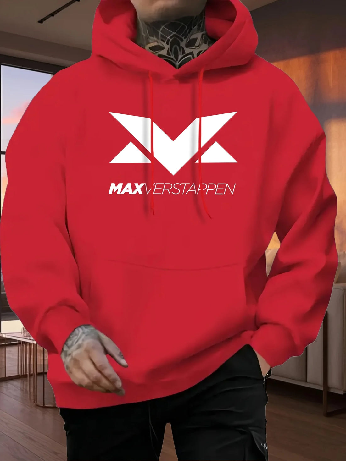 Men'S Red Max Verstappen Racing Graphic Hoodie - Casual Front Print Pullover with White Logo, Long Sleeves, and Kangaroo Pocket