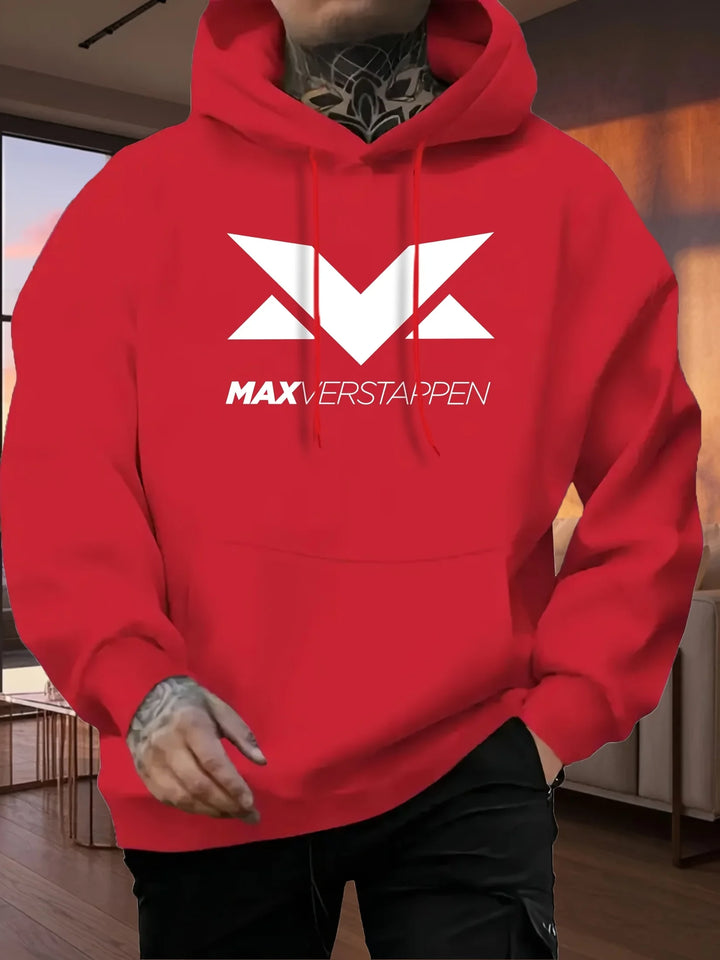 Men'S Red Max Verstappen Racing Graphic Hoodie - Casual Front Print Pullover with White Logo, Long Sleeves, and Kangaroo Pocket