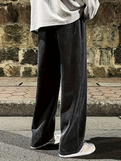 Men's Regular Fit Multi-Pocket Jeans - Street Style Cotton Blend Denim, Black & Gray, Non-Stretch, All-Season Wear, Classic Desi