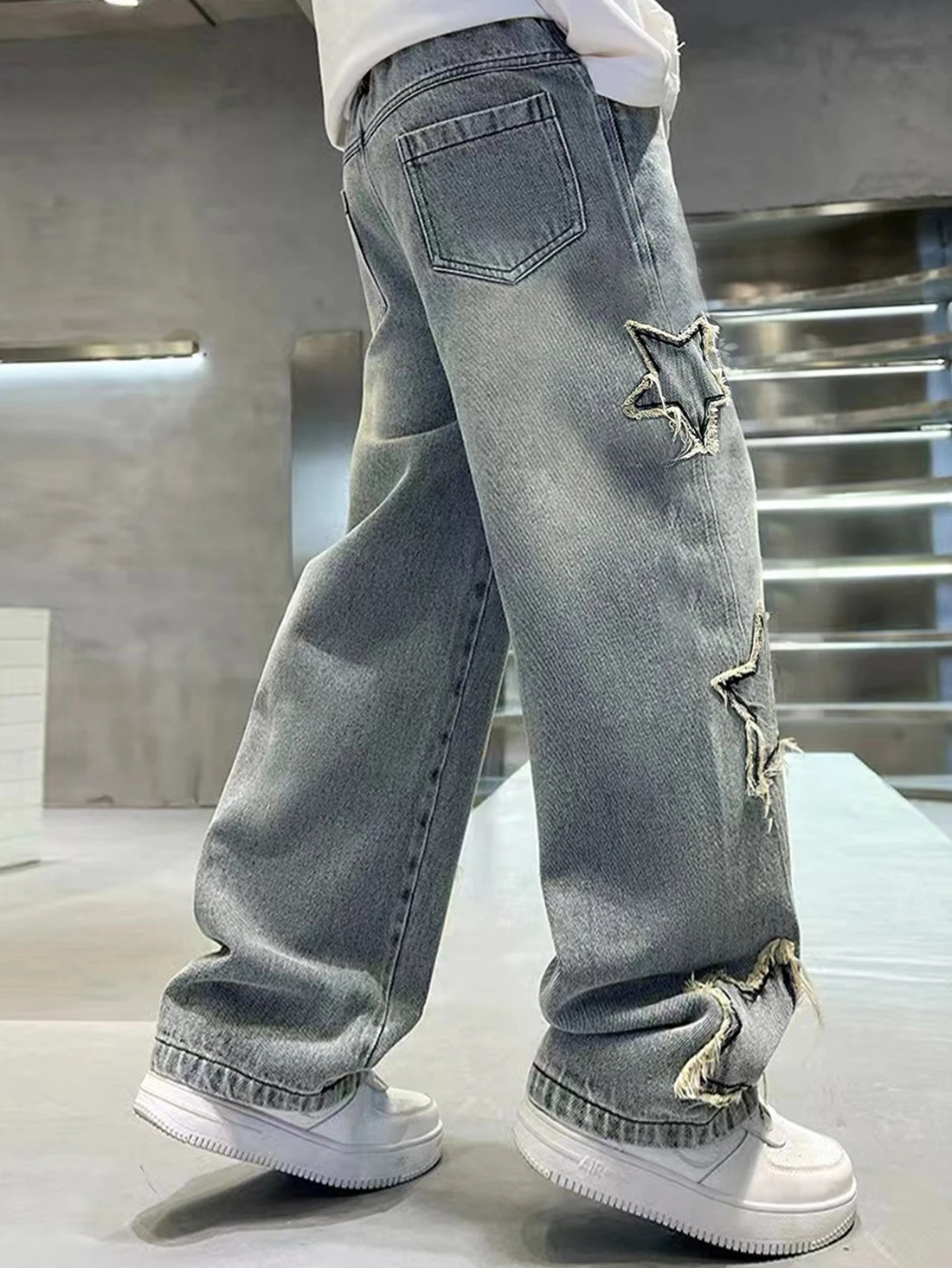 Teenage Five-Pointed Star Straight-Leg Washed Denim Jeans - Handsome, Versatile, Casual Wide-Leg Pants