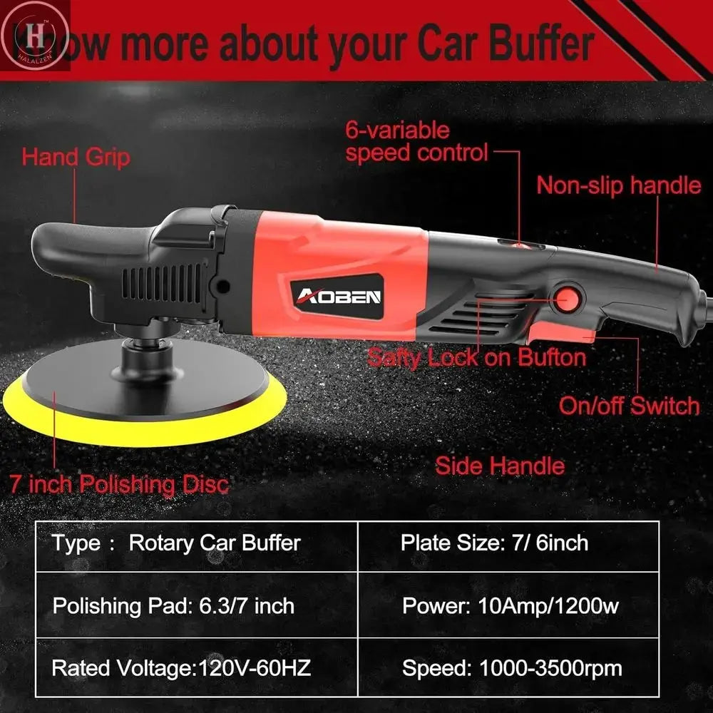 1200W 6-inch/7-inch Car Polisher Waxer Kit with 6 Variable Speeds 1000-3500RPM & 4 Polishing Pads HALALZEN