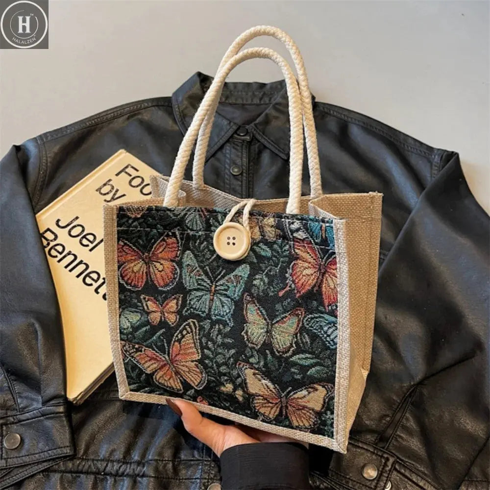Fashion Linen Handbag Butterfly Printed Canvas Bag Casual Women Recycle Tote Portable Shopping Bag Student Lunch Food Bento Bag HALALZEN