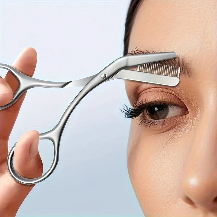 1-Piece Stainless Steel Eyebrow Trimmer with Comb, Women's Special Eyebrow Scissors, Men's Trimmer, Small Eyebrow Trimmer Set Tool, Universal for Left and Right Hands, Durable and Precise for Shaping and Trimming Halalzen