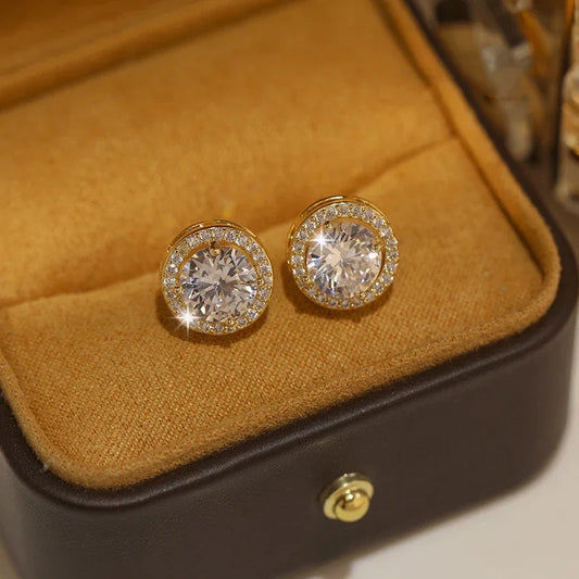 Luxury Crystal White Zircon Stud Earrings Simple Yellow Gold Color Round Vintage Wedding Jewelry For Women