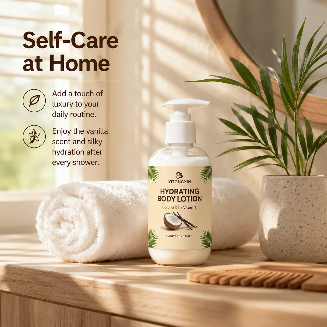 200ml Hydrating Body Lotion with Coconut Oil & Vitamin E, Vanilla Scented Moisturizer for Smooth Soft Skin, Daily Nourishing