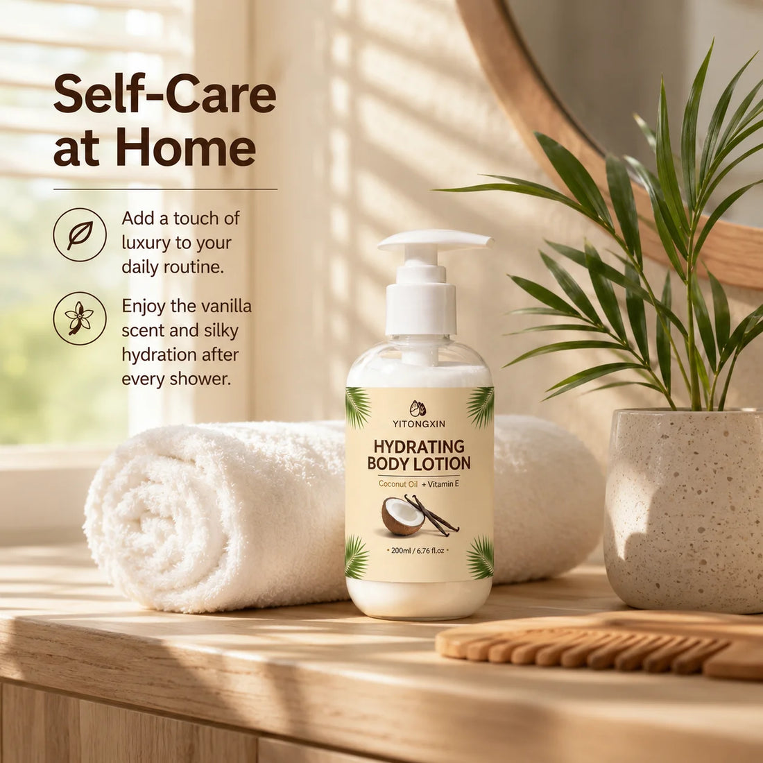 200ml Hydrating Body Lotion with Coconut Oil & Vitamin E, Vanilla Scented Moisturizer for Smooth Soft Skin, Daily Nourishing
