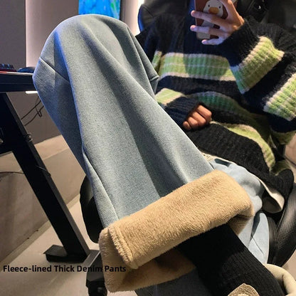 Thiened Fce Lined Thi High Waist Loose Fits Jeans Womens Winter Straight Leg Wide Leg Trousers Wear Resistd Denimcloth...