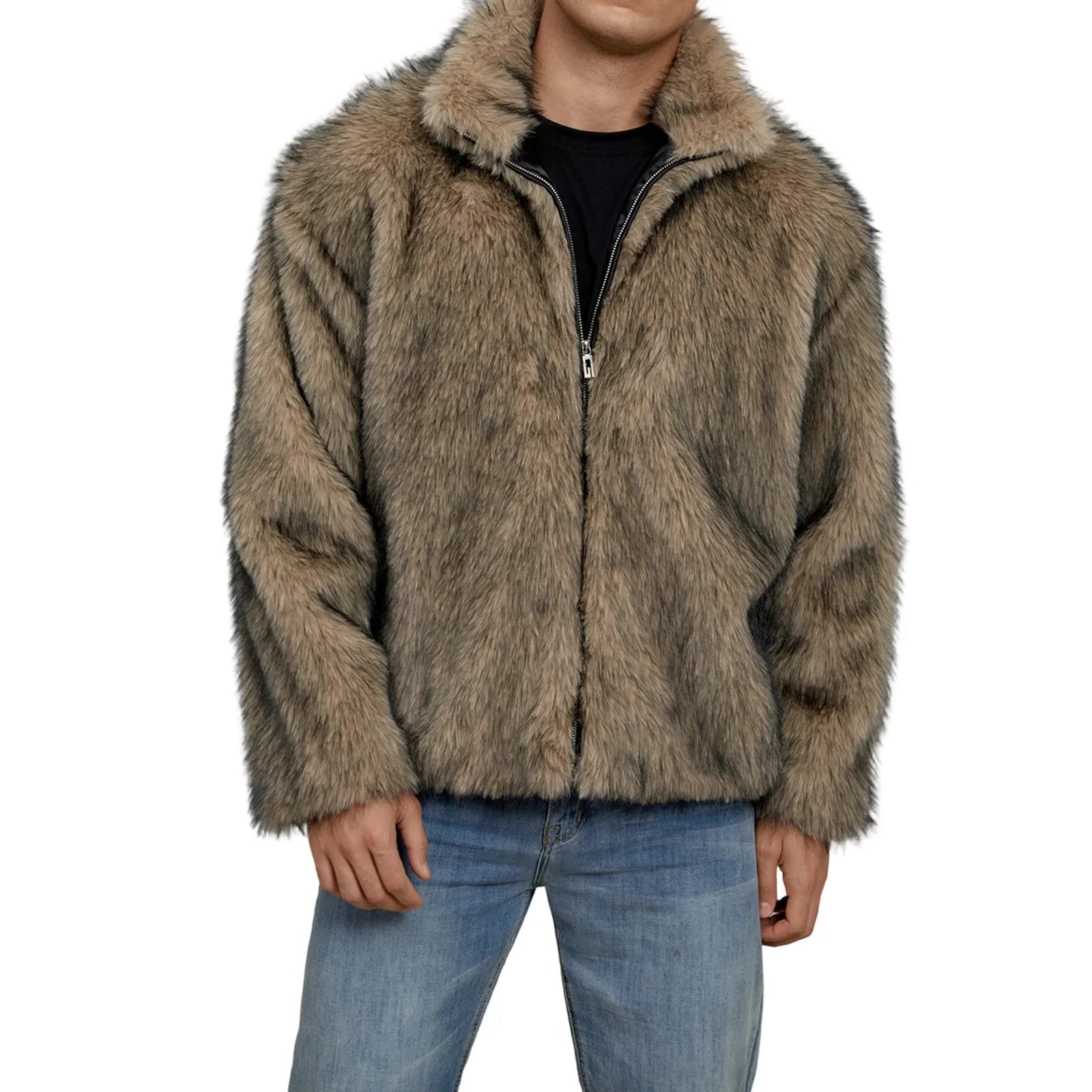 Men s Faux Fur Jacket Winter Thick Long Sleeve Stand Collar Loose Zip Up Coat Overcoat Warm Outwear Windbreaker Coat