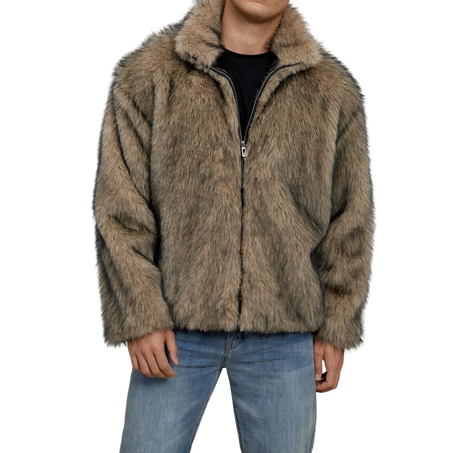 Men s Faux Fur Jacket Winter Thick Long Sleeve Stand Collar Loose Zip Up Coat Overcoat Warm Outwear Windbreaker Coat