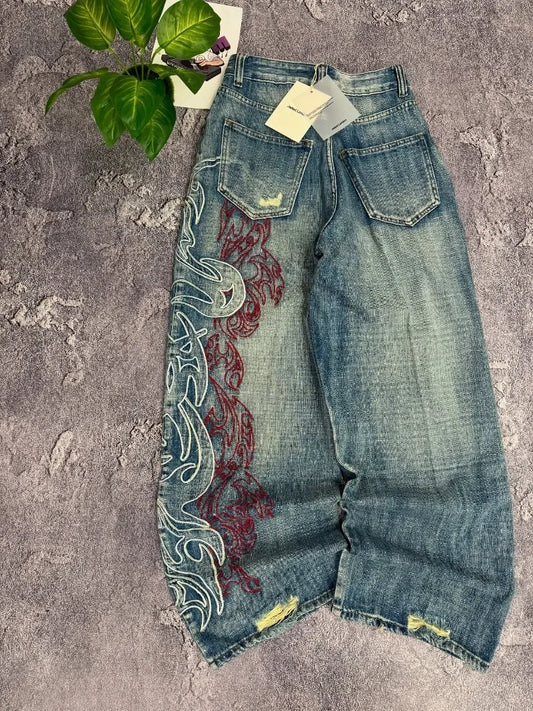 Y2K American New Pattern Embroidery Baggy Jeans Men High Street Vintage Hip Hop Fashion Casual Joker Couple Wide-leg Pants