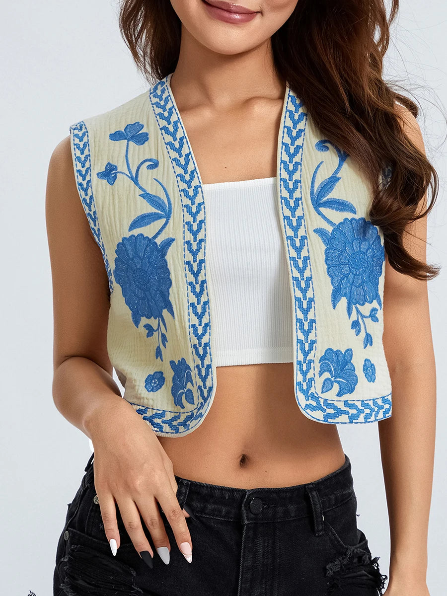 Sleeveless Embroidered Floral Vest with Open Front Design Stylish Outwear Gilet for Women s Casual Streetwear Collection