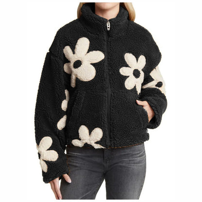 Womens Floral Fleece Jackets Winter Zipper Cropped Coat Casual Long Sleeve Outwear With Pockets Cute Plush Jacket For Women