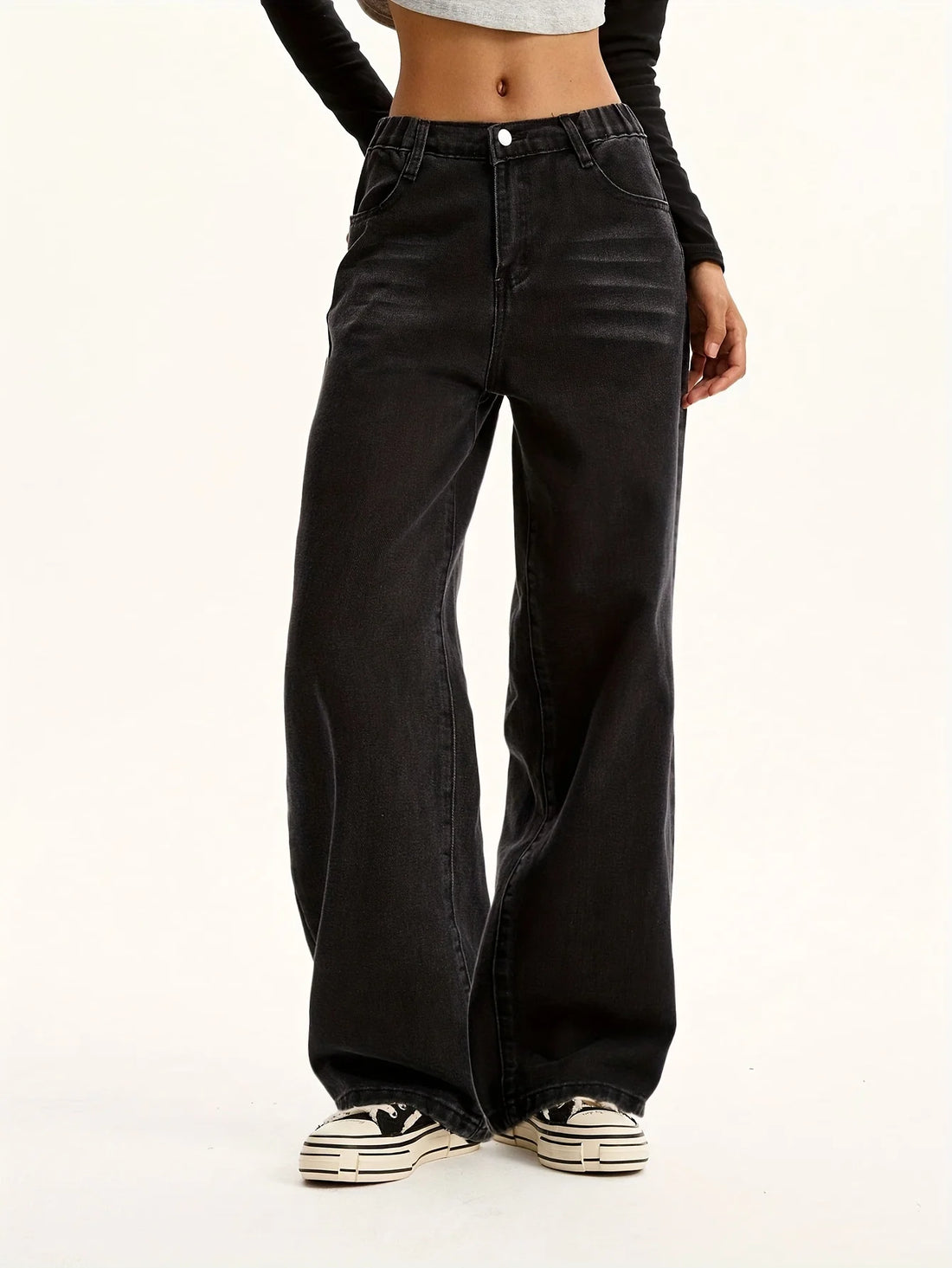 Teenage Girls' Black Casual Washed Denim Jeans - Preppy Style Trendy Straight Leg Pants