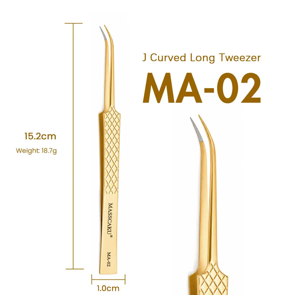 MASSCAKU Eyelash Extension Tweezers Fiber Tip Gold Stainless Steel Lash Pickup Tool for Volume Fans Classic Lash Isolation