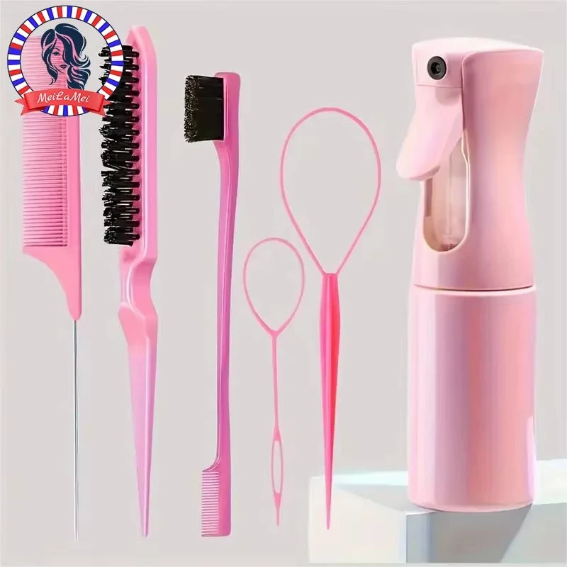 6pcs/Set Professional Hairdressing Hair Brush Set with Spray Bottle Rat Tail Comb Teasing Brush Edge Control for Styling