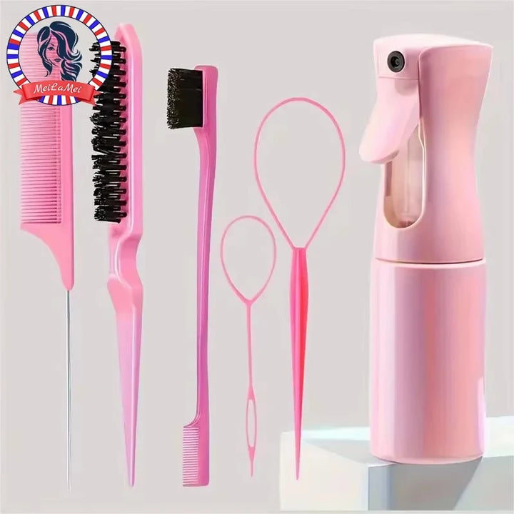 6pcs/Set Professional Hairdressing Hair Brush Set with Spray Bottle Rat Tail Comb Teasing Brush Edge Control for Styling