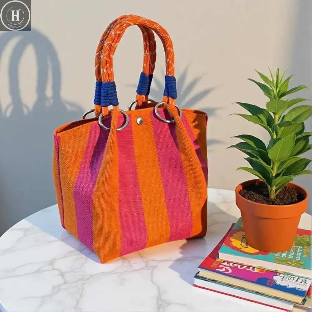 Metal Ring Handbag Fashionable Women'S Bucket Bag Knit Tote Bag Spacious Color Block Handbag For Leisure Travel Daily Commuting HALALZEN