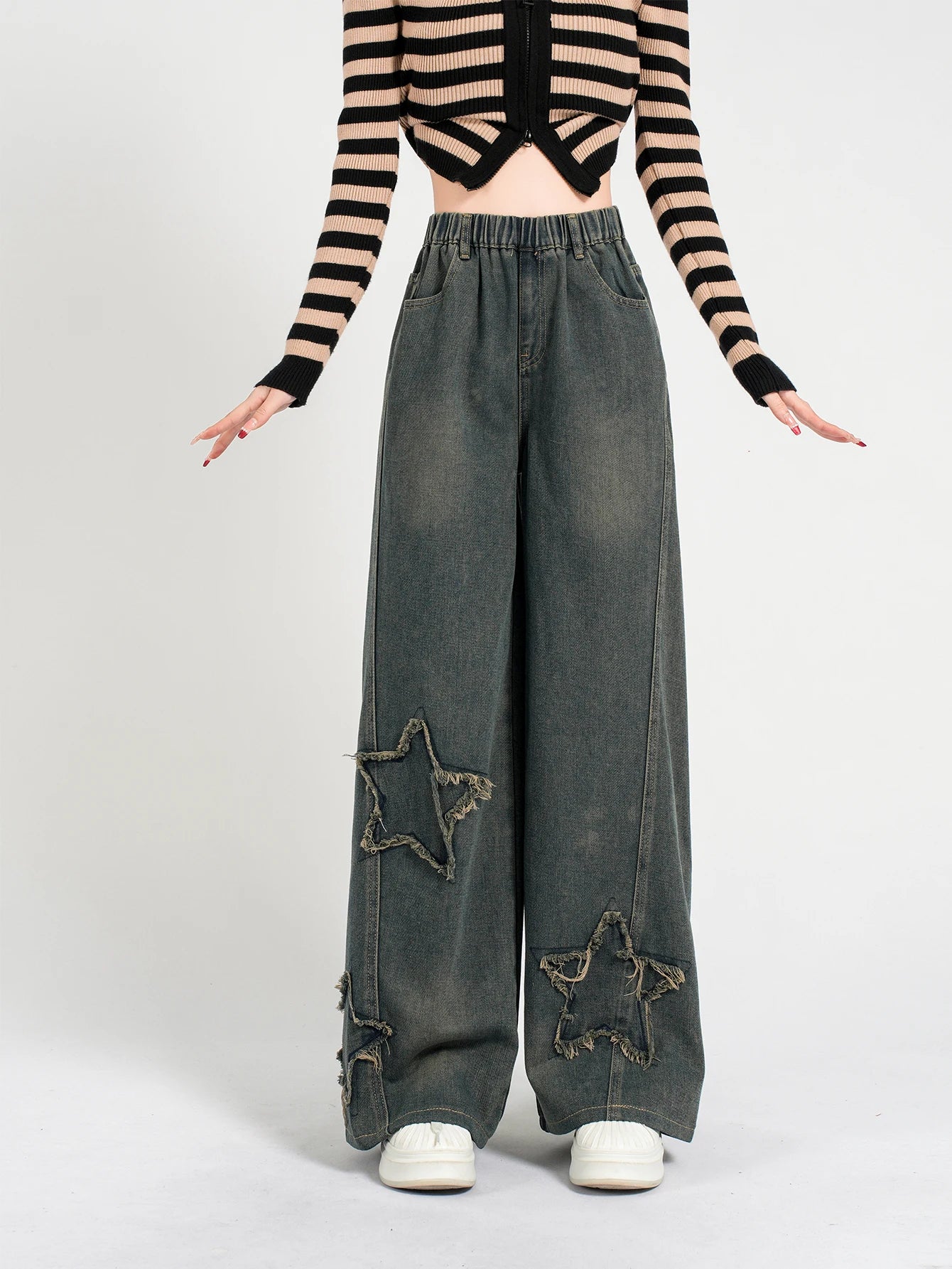 Girls' Fashion Star Wash Jeans - Retro Loose Straight Leg Denim Pants, Versatile & Casual