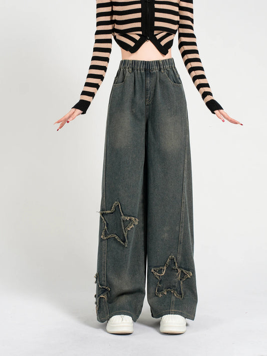 Girls' Fashion Star Wash Jeans - Retro Loose Straight Leg Denim Pants, Versatile & Casual