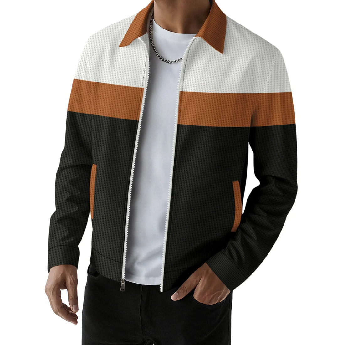 Men s Casual Lapel Collar Zip Up Jacket with Patchwork Design Pockets and Stylish Outerwear for Fall Fashion