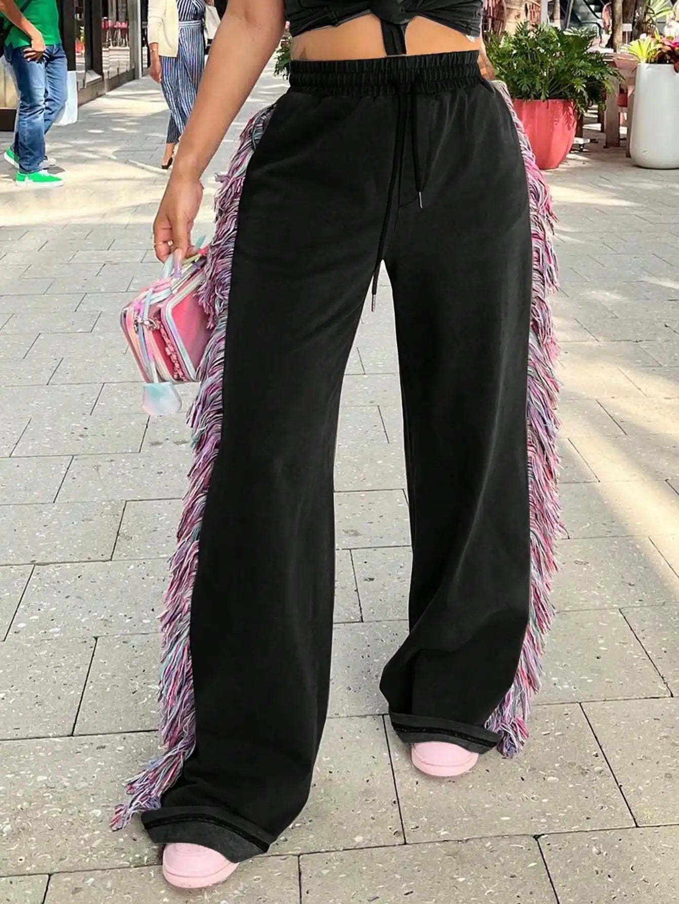 Women's Casual High Waist Fringe Tassel Pants - Drawstring Elastic Waist Long Sweatpants (Streetwear, New Year Warm Thermal)